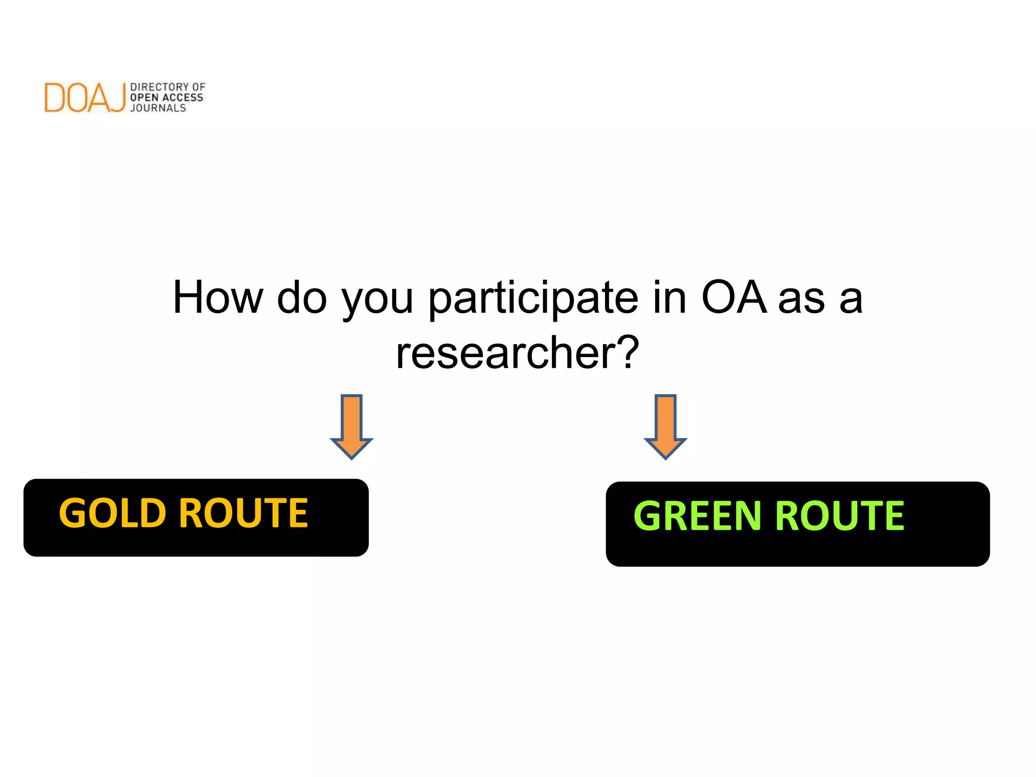 How do you participate in OA as a
researcher?
GOLD ROUTE GREEN ROUTE
 