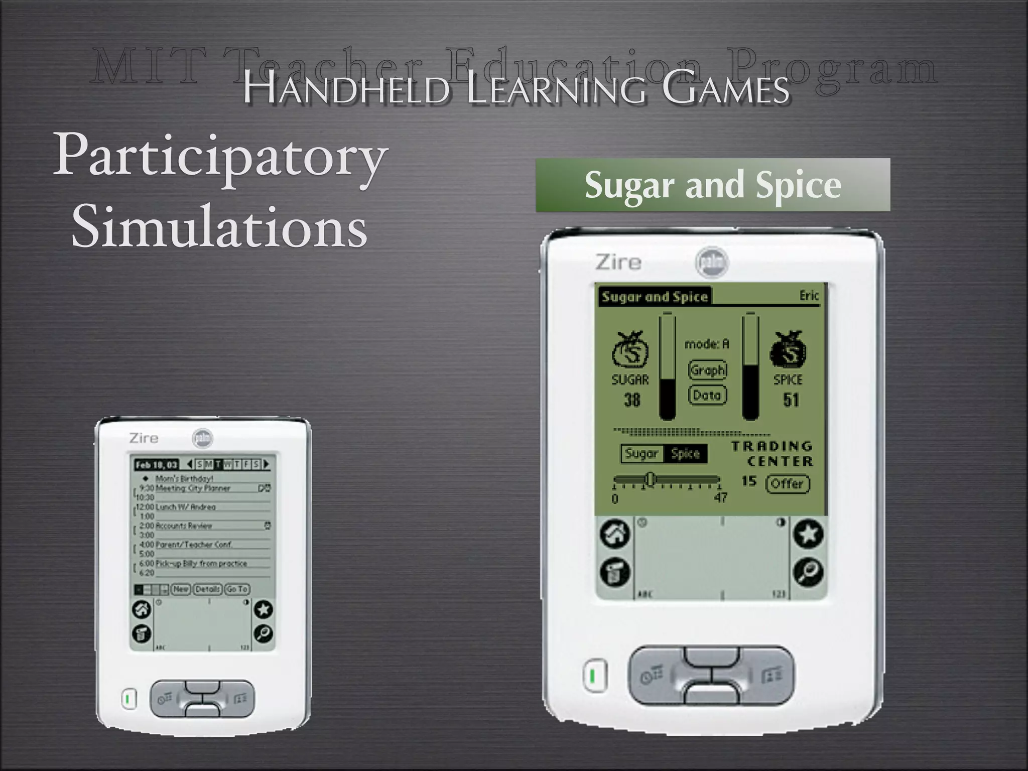 MI T TeANDHELDEducationAMES
       H acher LEARNING G Program
Participatory      Sugar and Spice
 Simulations
 