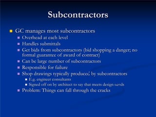 Subcontractors
Subcontractors
„
„ GC manages most subcontractors
GC manages most subcontractors
„
„ Overhead at each level
Overhead at each level
„
„ Handles submittals
Handles submittals
„
„ Get bids from subcontractors (bid shopping a danger; no
Get bids from subcontractors (bid shopping a danger; no
formal guarantee of award of contract)
formal guarantee of award of contract)
„
„
„
„
„
„
„
„
Can be large number of subcontractors
Can be large number of subcontractors
Responsible for failure
Responsible for failure
Shop drawings typically produced by subcontractors
Shop drawings typically produced by subcontractors
„
„ E.g. engineer consultants
E.g. engineer consultants
„
„ Signed off on by architect to say that meets design needs
Signed off on by architect to say that meets design needs
Problem: Things can fall through the cracks
Problem: Things can fall through the cracks
 