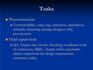Tasks
Tasks
„
„ Preconstruction
Preconstruction
„
„ Constructability, value eng, estimation, alternatives,
Constructability, value eng, estimation, alternatives,
schedule, financing, manage designer, early
schedule, financing, manage designer, early
procurement
procurement
„
„ Field supervision
Field supervision
„
„ QA, Targets met, invoice checking, coordinate work
QA, Targets met, invoice checking, coordinate work
of contractors, M&E, change orders, payments,
of contractors, M&E, change orders, payments,
claims, inspections for design requirements,
claims, inspections for design requirements,
sometimes safety

sometimes safety
 