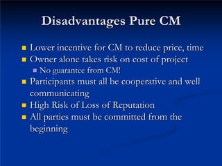 Disadvantages Pure CM
Disadvantages Pure CM
„
„ Lower incentive for CM to reduce price, time
Lower incentive for CM to reduce price, time
„
„ Owner alone takes risk on cost of project
Owner alone takes risk on cost of project
„
„ No guarantee from CM!
No guarantee from CM!
„
„ Participants must all be cooperative and well
Participants must all be cooperative and well
communicating
communicating
„
„ High Risk of Loss of Reputation
High Risk of Loss of Reputation
„
„ All parties must be committed from the
All parties must be committed from the
beginning

beginning
 