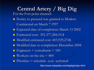 Central Artery / Big Dig
Central Artery / Big Dig
For the Fort point channel:
For the Fort point channel:
„
„ Notice to proceed was granted to Modern
Notice to proceed was granted to Modern
Continental on March 7 1997
Continental on March 7 1997
„
„ Expected date of completion: March 13 2002
Expected date of completion: March 13 2002
„
„ Estimated cost: 301,377,284.10 $
Estimated cost: 301,377,284.10 $
„
„ Modified estimated cost: 403,929,276$
Modified estimated cost: 403,929,276$
„
„ Modified date to completion: December 2004
Modified date to completion: December 2004
„
„ Engineers + consultants = 100
Engineers + consultants = 100
„
„ Workers on the site = 800
Workers on the site = 800
„
„ Priorities = schedule
Priorities = schedule-
- cost
cost-
- technical
technical
http://www.masspike.com/bigdig/index.html
 