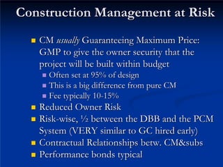 Construction Management at Risk

Construction Management at Risk
„
„ CM
CM usually
usually Guaranteeing Maximum Price:
Guaranteeing Maximum Price:
GMP to give the owner security that the
GMP to give the owner security that the
project will be built within budget
project will be built within budget
„
„ Often set at 95% of design
Often set at 95% of design
„
„ This is a big difference from pure CM
This is a big difference from pure CM
„
„ Fee typically 10
Fee typically 10-
-15%
15%
„
„ Reduced Owner Risk
Reduced Owner Risk
„
„ Risk
Risk-
-wise,
wise, ½
½ between the DBB and the PCM
between the DBB and the PCM
System (VERY similar to GC hired early)
System (VERY similar to GC hired early)
„
„ Contractual Relationships
Contractual Relationships betw
betw.
. CM&subs
CM&subs
„
„ Performance bonds typical
Performance bonds typical
 