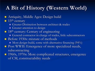 A Bit of History (Western World)
„
„ Antiquity, Middle Ages: Design build
Antiquity, Middle Ages: Design build
„
„ 15
15th
th century
century
„
„ Greater Distinction between architect & trades
Greater Distinction between architect & trades
„
„ Greater attention to design
Greater attention to design
„
„ 18
18th
th century: Century of engineering
century: Century of engineering
„
„ General contractor in charge of trades, little subcontractors
General contractor in charge of trades, little subcontractors
„
„ Before 1930s: mixture of methods
Before 1930s: mixture of methods
„
„ Most design
Most design-
-build, some with alternative financing (94%)
build, some with alternative financing (94%)
„
„ Post WWII: Emergence of more specialized needs,
Post WWII: Emergence of more specialized needs,
subcontracting
subcontracting
„
„ 1960s, 1970s: More complicated structures, emergence
1960s, 1970s: More complicated structures, emergence
of CM, constructability needs
of CM, constructability needs
A Bit of History (Western World)
 