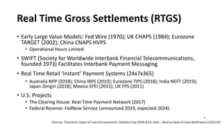 Real Time Gross Settlements (RTGS)
• Early Large Value Models: Fed Wire (1970); UK CHAPS (1984); Eurozone
TARGET (2002); China CNAPS HVPS
• Operational Hours Limited
• SWIFT (Society for Worldwide Interbank Financial Telecommunications,
founded 1973) Facilitates Interbank Payment Messaging
• Real Time Retail ‘Instant’ Payment Systems (24x7x365)
• Australia NPP (2018); China IBPS (2010); Eurozone TIPS (2018); India NEFT (2019);
Japan Zengin (2018); Mexico SPEI (2015); UK FPS (2011)
• U.S. Projects
• The Clearing House: Real-Time Payment Network (2017)
• Federal Reserve: FedNow Service (announced 2019, expected 2024)
15
Sources: ‘Economic impact of real-time payments’, Deloitte (July 2019) & for India – Reserve Bank of India Notification (12/6/19)
 
