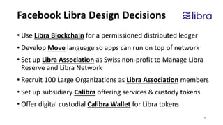 Facebook Libra Design Decisions
• Use Libra Blockchain for a permissioned distributed ledger
• Develop Move language so apps can run on top of network
• Set up Libra Association as Swiss non-profit to Manage Libra
Reserve and Libra Network
• Recruit 100 Large Organizations as Libra Association members
• Set up subsidiary Calibra offering services & custody tokens
• Offer digital custodial Calibra Wallet for Libra tokens
25
 