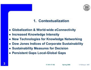 1. Contextualization
•  Globalization & World-wide eConnectivity
•  Increased Knowledge Intensity
•  New Technologies for Knowledge Networking
•  Dow Jones Indices of Corporate Sustainability
•  Sustainability Measures for Decision
•  Persistent Gaps Local-Global Gaps
17.181-17.182 Spring 2006 © NChoucri - MIT
3
 