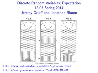 Discrete Random Variables; Expectation

18.05 Spring 2014

Jeremy Orloﬀ and Jonathan Bloom

http://www.mathsisfun.com/data/quincunx.html
http://www.youtube.com/watch?v=9xUBhhM4vbM
This image is in the public domain.
 
