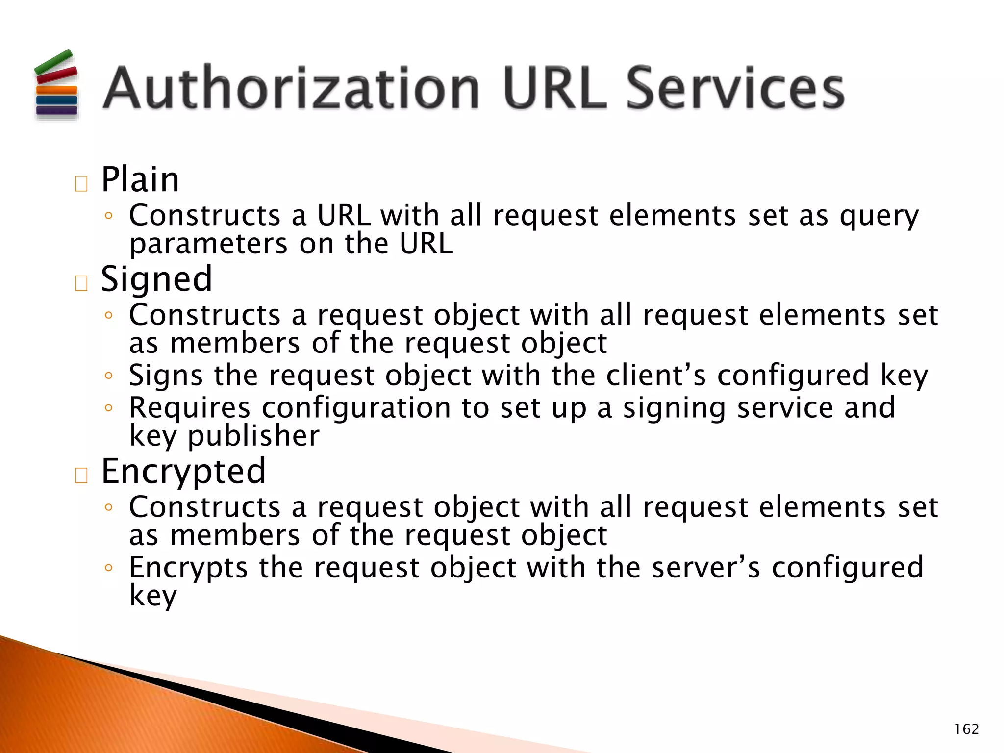 Plain 
◦ Constructs a URL with all request elements set as query 
parameters on the URL 
Signed 
◦ Constructs a request object with all request elements set 
as members of the request object 
◦ Signs the request object with the client’s configured key 
◦ Requires configuration to set up a signing service and 
key publisher 
Encrypted 
◦ Constructs a request object with all request elements set 
as members of the request object 
◦ Encrypts the request object with the server’s configured 
key 
162 
 