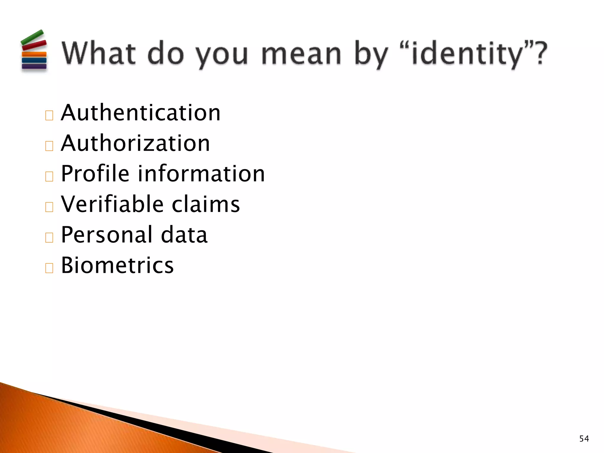 Authentication 
Authorization 
Profile information 
Verifiable claims 
Personal data 
Biometrics 
54 
 