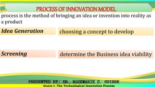 PROCESS OF INNOVATIONMODEL
process is the method of bringing an idea or invention into reality as
a product
Idea Generation
Screening
choosing a concept to develop
determine the Business idea viability
Module 5 : The Technological Innovation Process
 