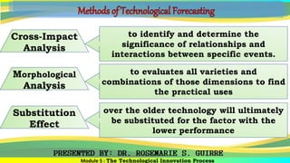 Cross-Impact
Analysis
Module 5 : The Technological Innovation Process
to identify and determine the
significance of relationships and
interactions between specific events.
Morphological
Analysis
to evaluates all varieties and
combinations of those dimensions to find
the practical uses
Substitution
Effect
over the older technology will ultimately
be substituted for the factor with the
lower performance
 