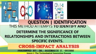 Module 5 : The Technological Innovation Process
THIS METHOD ATTEMPTS TO IDENTIFY AND
DETERMINE THE SIGNIFICANCE OF
RELATIONSHIPS AND INTERACTIONS BETWEEN
SPECIFIC EVENTS.
CROSS-IMPACT ANALYSIS
QUESTION | IDENTIFICATION
 