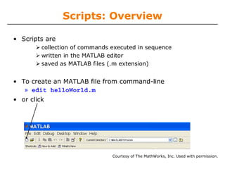 Scripts: Overview
• Scripts are
collection of commands executed in sequence
written in the MATLAB editor
saved as MATLAB files (.m extension)

• To create an MATLAB file from command-line
» edit helloWorld.m
• or click

Courtesy of The MathWorks, Inc. Used with permission.

 