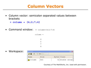 Column Vectors
• Column vector: semicolon separated values between
brackets
» column = [4;2;7;4]
• Command window:

• Workspace:

Courtesy of The MathWorks, Inc. Used with permission.

 