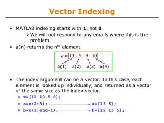 Vector Indexing
• MATLAB indexing starts with 1, not 0
We will not respond to any emails where this is the
problem.
• a(n) returns the nth element

a = [13 5 9 10]
a(1)

a(2)

a(3)

a(4)

• The index argument can be a vector. In this case, each
element is looked up individually, and returned as a vector
of the same size as the index vector.
» x=[12 13 5 8];
» a=x(2:3);
a=[13 5];
» b=x(1:end-1);
b=[12 13 5];

 