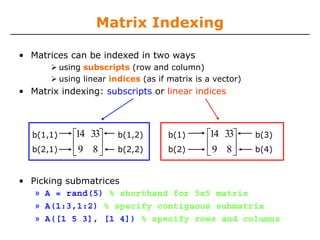 Matrix Indexing
• Matrices can be indexed in two ways
using subscripts (row and column)
using linear indices (as if matrix is a vector)

• Matrix indexing: subscripts or linear indices

b(1,1)
b(2,1)

⎡14 33⎤
⎢9 8⎥
⎣
⎦

b(1,2)

b(1)

b(2,2)

b(2)

⎡14 33⎤
⎢9 8⎥
⎣
⎦

b(3)
b(4)

• Picking submatrices
» A = rand(5) % shorthand for 5x5 matrix
» A(1:3,1:2) % specify contiguous submatrix
» A([1 5 3], [1 4]) % specify rows and columns

 