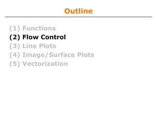 Outline
(1)
(2)
(3)
(4)
(5)

Functions
Flow Control
Line Plots
Image/Surface Plots
Vectorization

 