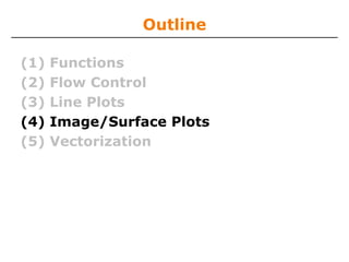 Outline
(1)
(2)
(3)
(4)
(5)

Functions
Flow Control
Line Plots
Image/Surface Plots
Vectorization

 