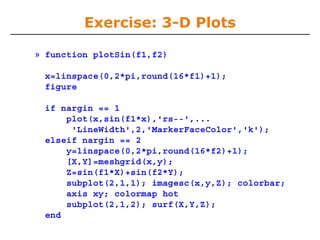 Exercise: 3-D Plots
» function plotSin(f1,f2)
x=linspace(0,2*pi,round(16*f1)+1);
figure
if nargin == 1
plot(x,sin(f1*x),'rs--',...
'LineWidth',2,'MarkerFaceColor','k');
elseif nargin == 2
y=linspace(0,2*pi,round(16*f2)+1);
[X,Y]=meshgrid(x,y);
Z=sin(f1*X)+sin(f2*Y);
subplot(2,1,1); imagesc(x,y,Z); colorbar;
axis xy; colormap hot
subplot(2,1,2); surf(X,Y,Z);
end

 