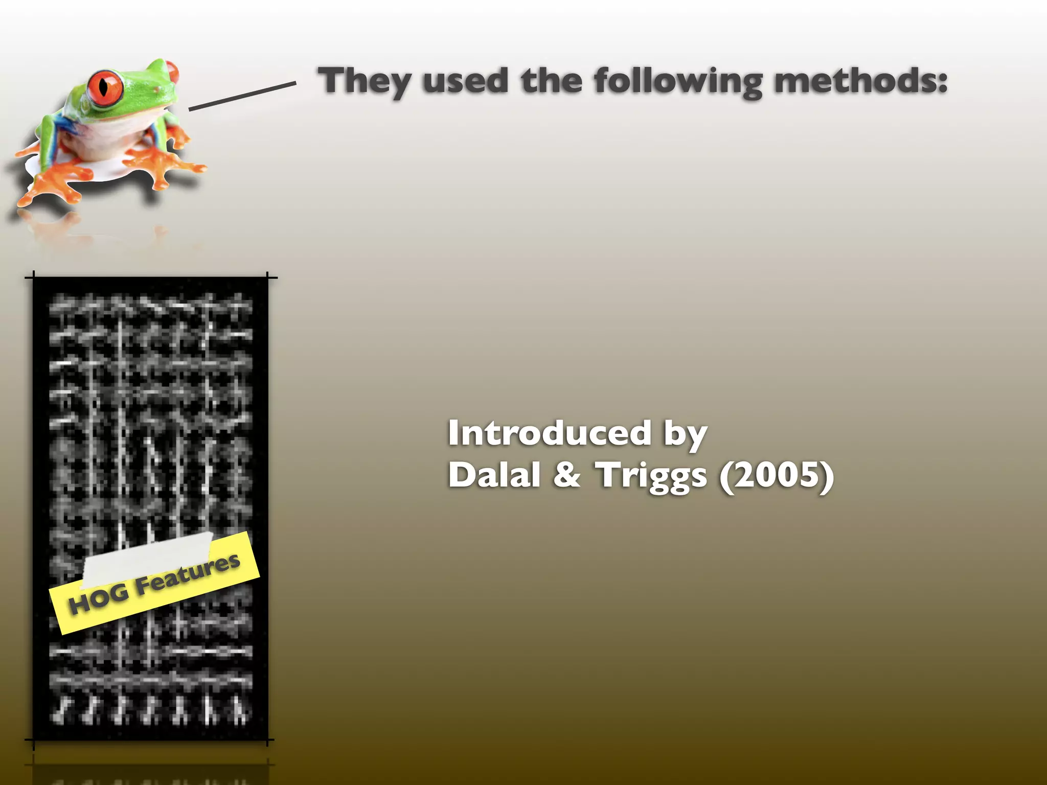 They used the following methods:




                            Introduced by
                            Dalal & Triggs (2005)

              e   s
          atur
HO   G Fe
 
