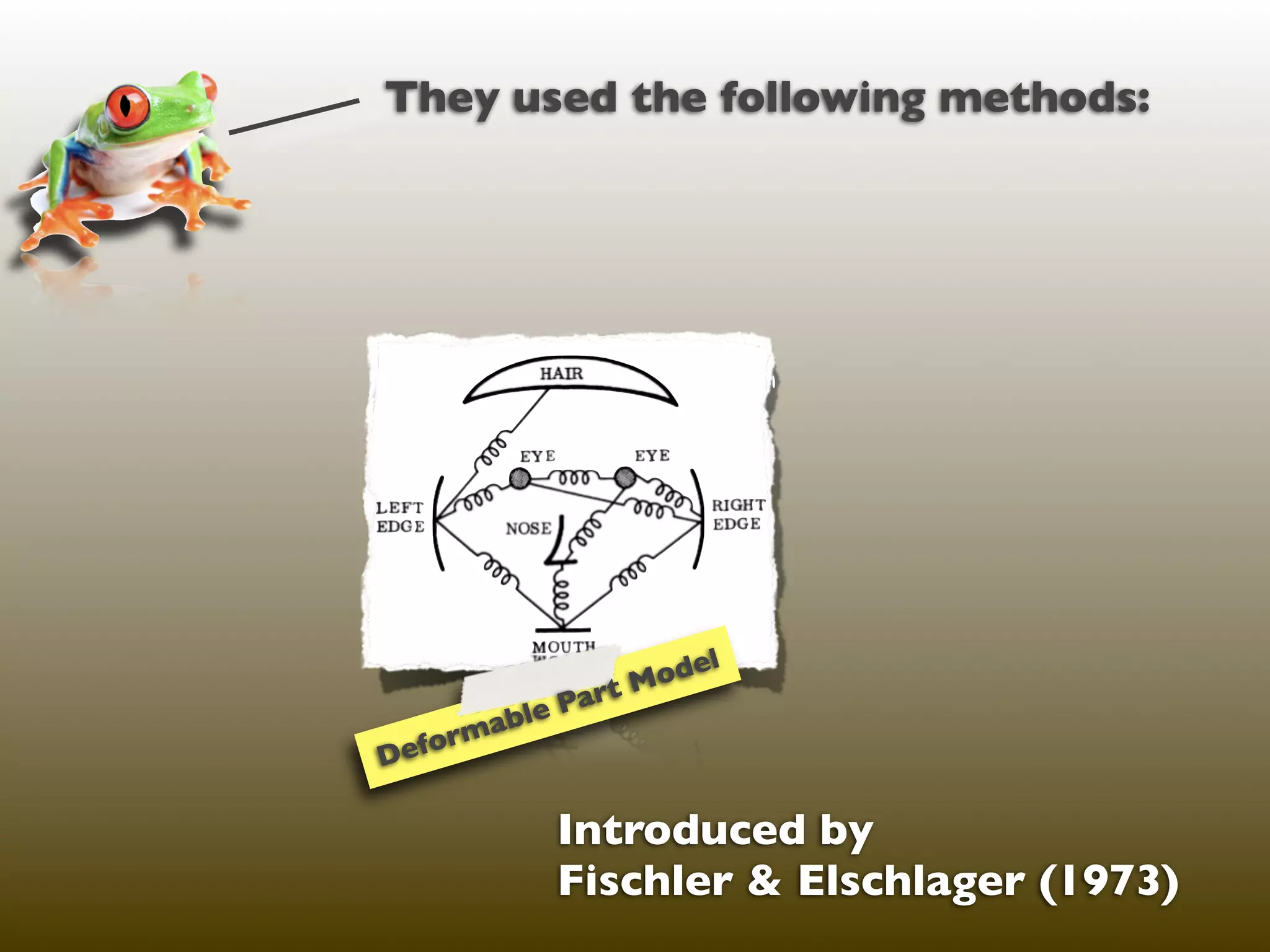 They used the following methods:




                    Mo del
             Part
        able
De form

            Introduced by
            Fischler & Elschlager (1973)
 