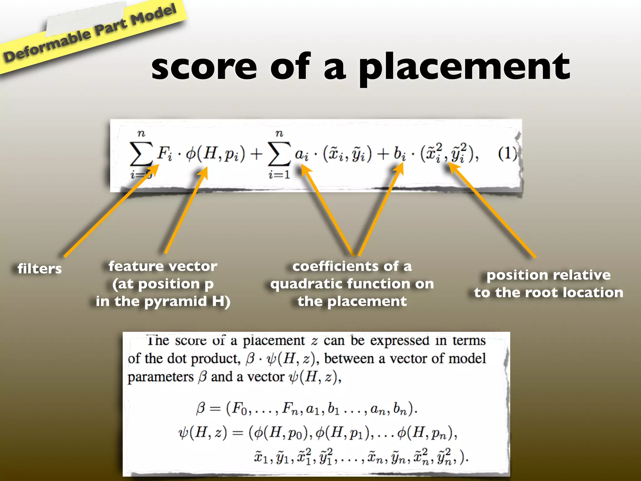 l
                  M ode
             Part
     mable
 efor
D
                    score of a placement



 ﬁlters        feature vector      coefﬁcients of a
                                                           position relative
                (at position p   quadratic function on
                                                         to the root location
             in the pyramid H)      the placement
 
