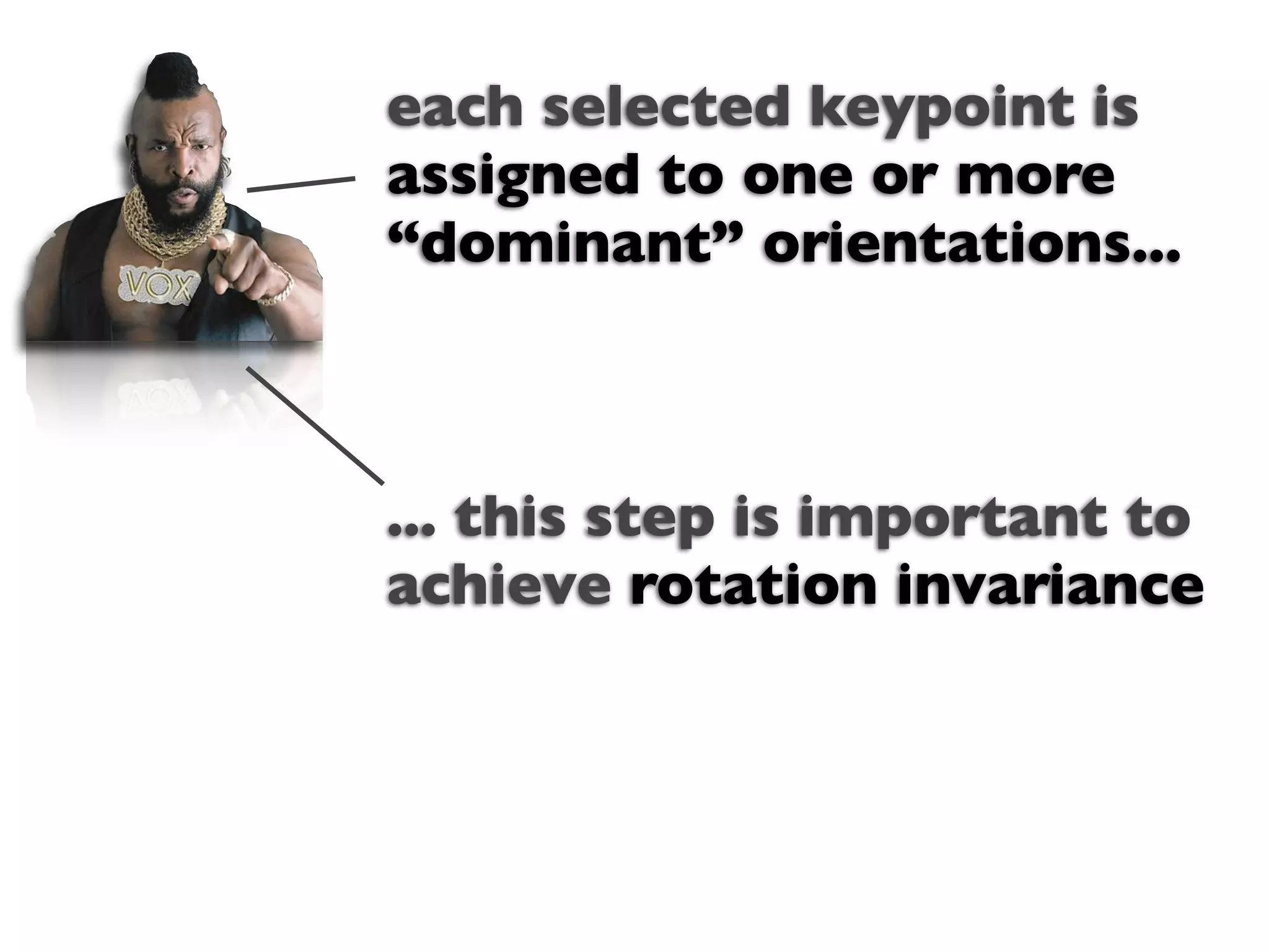 each selected keypoint is
assigned to one or more
“dominant” orientations...



... this step is important to
achieve rotation invariance
 