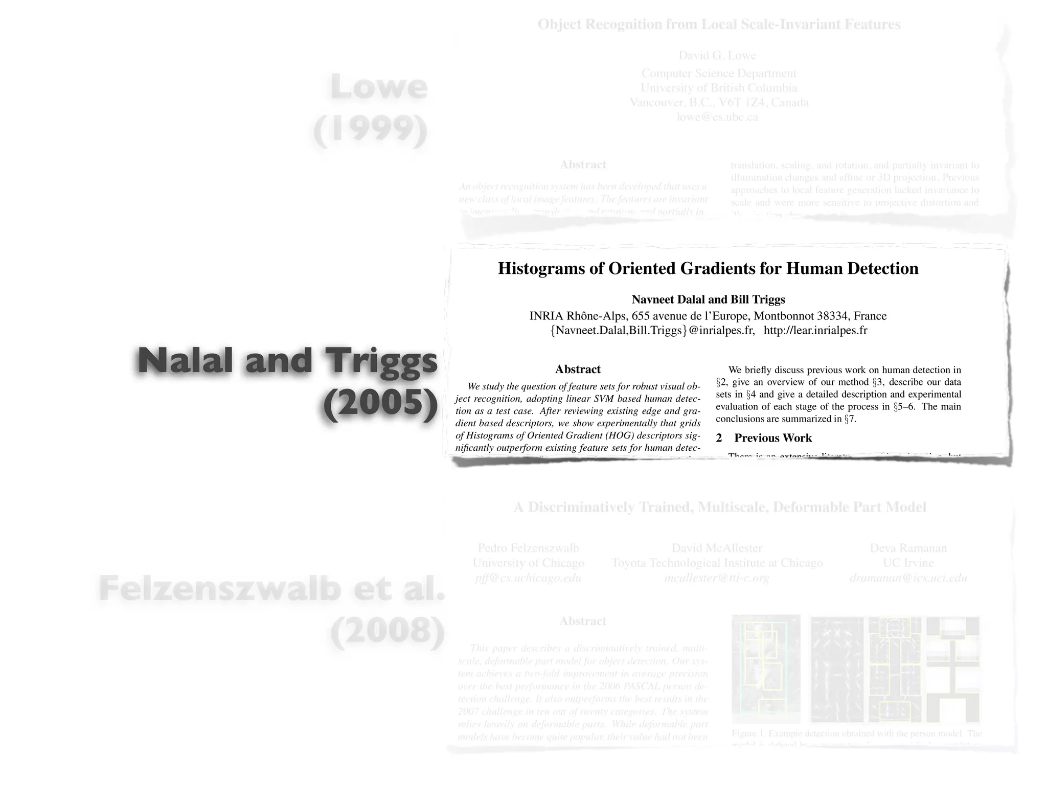 Object Recognition from Local Scale-Invariant Features
                                                                          David G. Lowe


            Lowe
                                                                   Computer Science Department
                                                                   University of British Columbia
                                                                 Vancouver, B.C., V6T 1Z4, Canada

           (1999)
                                                                         lowe@cs.ubc.ca


                                                Abstract                                   translation, scaling, and rotation, and partially invariant to
                                                                                           illumination changes and afﬁne or 3D projection. Previous
                      An object recognition system has been developed that uses a          approaches to local feature generation lacked invariance to
                      new class of local image features. The features are invariant        scale and were more sensitive to projective distortion and
                      to image scaling, translation, and rotation, and partially in-       illumination change. The SIFT features share a number of
                      variant to illumination changes and afﬁne or 3D projection.          properties in common with the responses of neurons in infe-



                                Histograms of Oriented Gradients for Human Detection
                                                           Navneet Dalal and Bill Triggs
                                        INRIA Rhˆ ne-Alps, 655 avenue de l’Europe, Montbonnot 38334, France
                                                o
                                           {Navneet.Dalal,Bill.Triggs}@inrialpes.fr, http://lear.inrialpes.fr


  Nalal and Triggs                             Abstract
                          We study the question of feature sets for robust visual ob-
                                                                                          We brieﬂy discuss previous work on human detection in
                                                                                       §2, give an overview of our method §3, describe our data

            (2005)    ject recognition, adopting linear SVM based human detec-
                      tion as a test case. After reviewing existing edge and gra-
                      dient based descriptors, we show experimentally that grids
                                                                                       sets in §4 and give a detailed description and experimental
                                                                                       evaluation of each stage of the process in §5–6. The main
                                                                                       conclusions are summarized in §7.
                      of Histograms of Oriented Gradient (HOG) descriptors sig-       2 Previous Work
                      niﬁcantly outperform existing feature sets for human detec-
                      tion. We study the inﬂuence of each stage of the computation        There is an extensive literature on object detection, but
                      on performance, concluding that ﬁne-scale gradients, ﬁne        here we mention just a few relevant papers on human detec-
                      orientation binning, relatively coarse spatial binning, and     tion [18,17,22,16,20]. See [6] for a survey. Papageorgiou et
                      high-quality local contrast normalization in overlapping de-    al [18] describe a pedestrian detector based on a polynomial
                                      A Discriminatively Trained, Multiscale, Deformable Part Model with
                      scriptor blocks are all important for good results. The new     SVM using rectiﬁed Haar wavelets as input descriptors,
                      approach gives near-perfect separation on the original MIT      a parts (subwindow) based variant in [17]. Depoortere et al
                      pedestrian database, so we introduce a more challenging give an optimized version of this [2]. Gavrila & Philomen
                                                                                      [8] take a more direct approach, extracting edge images and
                      dataset containing over 1800 annotated human images with McAllester
                            Pedro Felzenszwalb                                David matching them to a set of learned exemplarsRamanan
                                                                                                                             Deva using chamfer
                      a large range of pose variations and backgrounds.
                           University of Chicago              Toyota Technological Institute athas been used in a practical real-time pedes-
                                                                                      distance. This Chicago                    UC Irvine
                      1 Introduction
Felzenszwalb et al.
                            pff@cs.uchicago.edu                             mcallester@tti-c.org system [7]. Viola dramanan@ics.uci.edu
                                                                                      trian detection                   et al [22] build an efﬁcient
                          Detecting humans in images is a challenging task owing      moving person detector, using AdaBoost to train a chain of
                      to their variable appearance and the wide range of poses that   progressively more complex region rejection rules based on
                                                                                      Haar-like wavelets and space-time differences. Ronfard et

           (2008)
                      they can adopt. The ﬁrst need is a robust feature set that
                                                  Abstract
                      allows the human form to be discriminated cleanly, even in      al [19] build an articulated body detector by incorporating
                      cluttered backgrounds under difﬁcult illumination. We study     SVM based limb classiﬁers over 1st and 2nd order Gaussian
                          This paper describes a discriminatively trained, multi- ﬁlters in a dynamic programming framework similar to those
                      the issue of feature sets for human detection, showing that lo-
                       scale, deformable part model for object detection. Our sys- of Felzenszwalb & Huttenlocher [3] and Ioffe & Forsyth
                      cally normalized Histogram of Oriented Gradient (HOG) de-
                      scriptors providetwo-fold improvement relative to other ex-
                       tem achieves a excellent performance in average precision [9]. Mikolajczyk et al [16] use combinations of orientation-
                      isting the bestsets including wavelets [17,22]. The person de- position histograms with binary-thresholded gradient magni-
                       over feature performance in the 2006 PASCAL proposed
                      descriptors are reminiscent of edge orientation results in the tudes to build a parts based method containing detectors for
                       tection challenge. It also outperforms the best histograms
                      [4,5], SIFT descriptors [12]of twenty categories. The system faces, heads, and front and side proﬁles of upper and lower
                       2007 challenge in ten out and shape contexts [1], but they
                      are computed on adeformableof uniformly spaced cells and
                       relies heavily on dense grid parts. While deformable part body parts. In contrast, our detector uses a simpler archi-
                       models overlapping quite contrast their value had not been tecture with a single detection obtained with the person model. The
                      they usehave become local popular, normalizations for im-
                                                                                           Figure 1. Example detection window, but appears to give
                                                                                           model is deﬁned by a coarse template, several higher resolution
                      proved performance. We make a detailedsuch as the PASCAL signiﬁcantly higher performance on pedestrian images.
                       demonstrated on difﬁcult benchmarks study of the effects
                      of various implementation choices on detector performance,
                      taking “pedestrian detection” (the detection of mostly visible
                                                                                      3 Overview of the Method
 