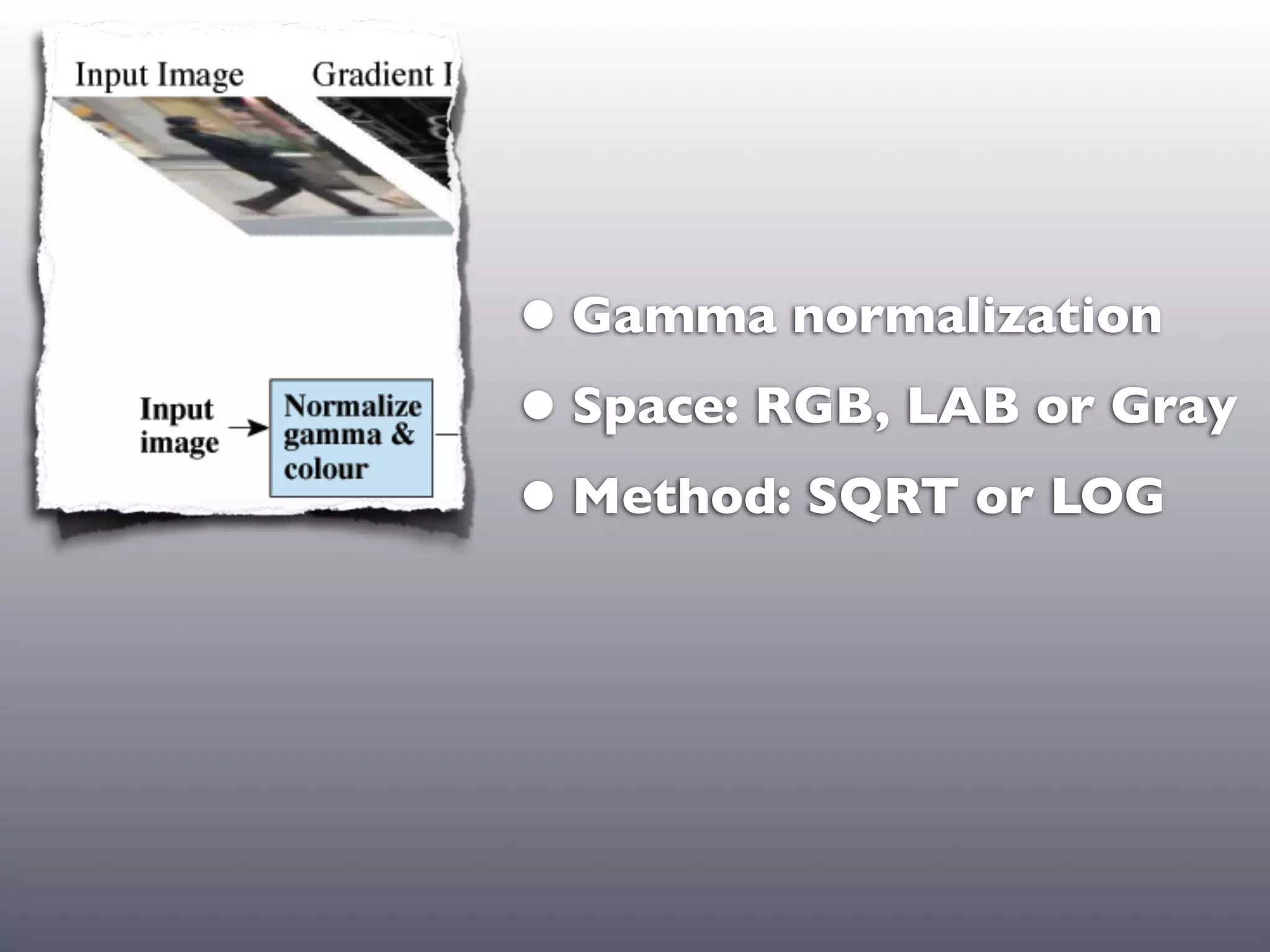 • Gamma normalization
• Space: RGB, LAB or Gray
• Method: SQRT or LOG
 