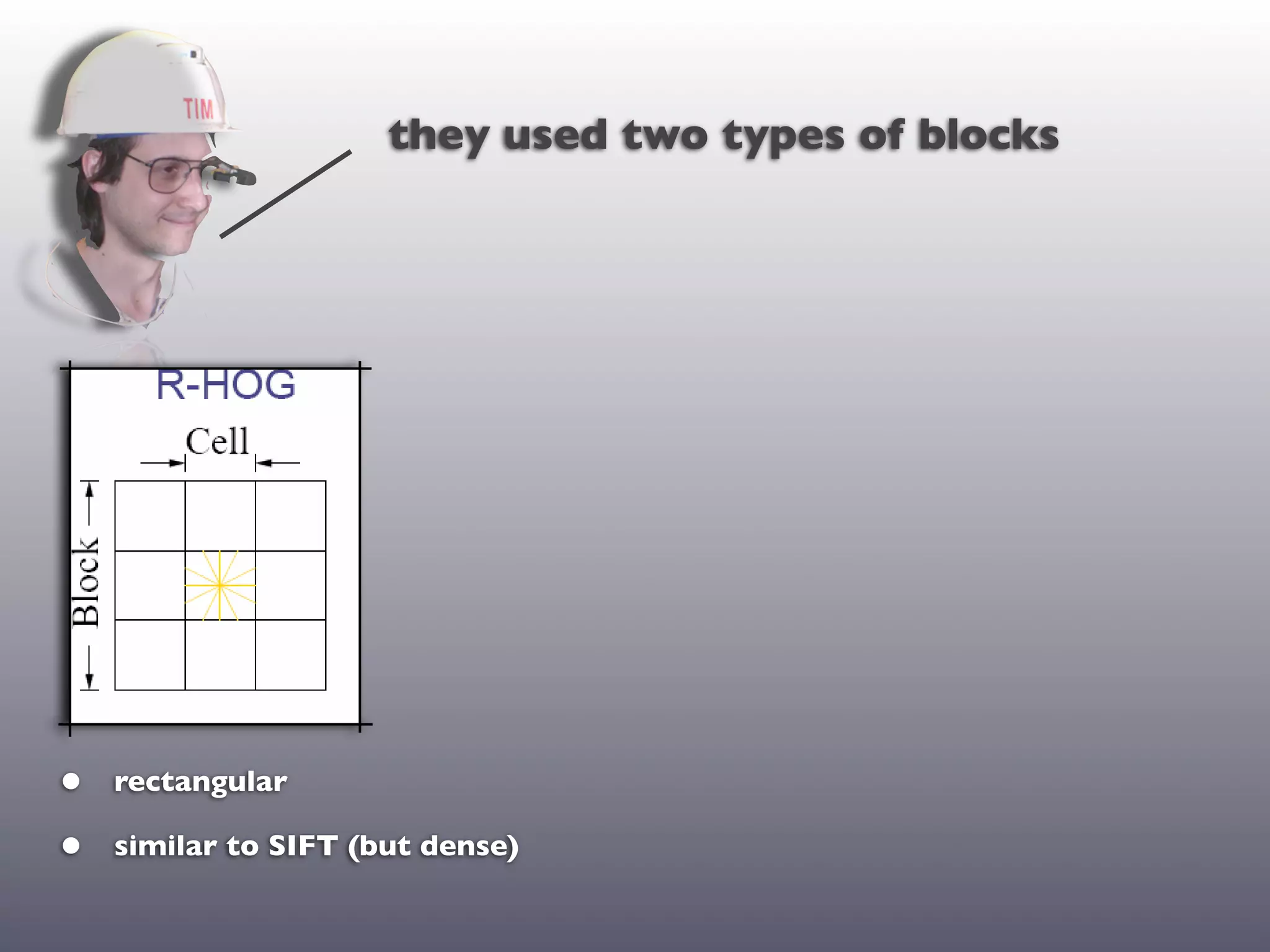 they used two types of blocks




•   rectangular

•   similar to SIFT (but dense)
 