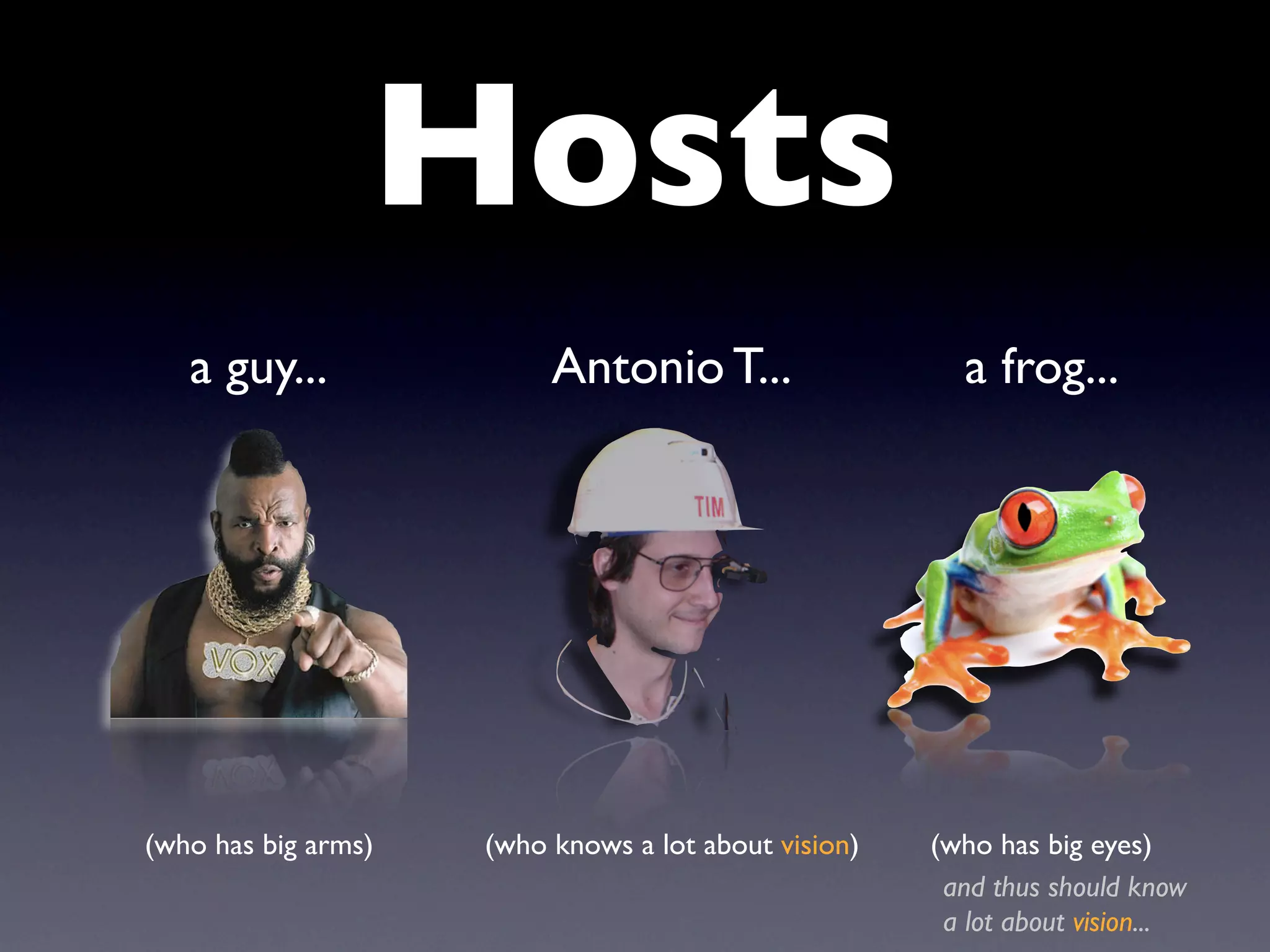 Hosts
   a guy...               Antonio T...                  a frog...




(who has big arms)   (who knows a lot about vision)   (who has big eyes)
                                                       and thus should know
                                                       a lot about vision...
 