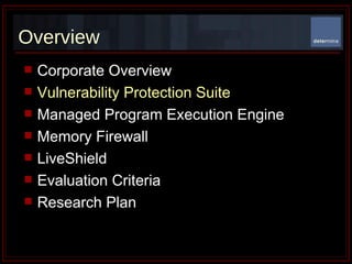 Overview Corporate Overview Vulnerability Protection Suite Managed Program Execution Engine Memory Firewall LiveShield Evaluation Criteria  Research Plan 