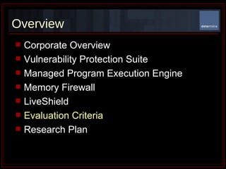 Overview Corporate Overview Vulnerability Protection Suite Managed Program Execution Engine Memory Firewall LiveShield Evaluation Criteria  Research Plan 