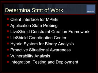 Determina Stmt of Work Client Interface for MPEE Application State Probing LiveShield Constraint Creation Framework LieShield Coordination Center Hybrid System for Binary Analysis Proactive Situational Awareness Vulnerability Analysis Integration, Testing and Deployment 