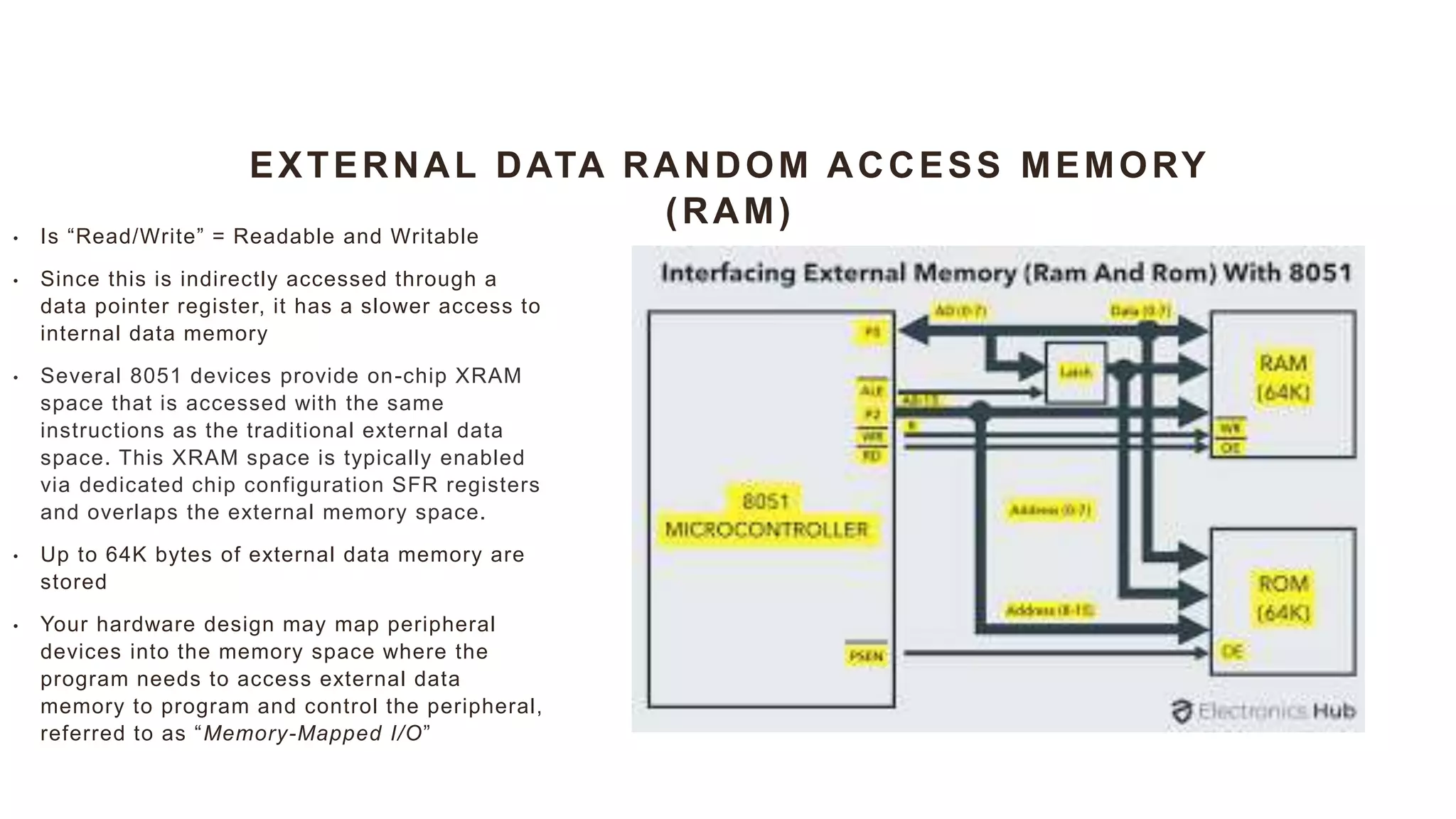 EXTERNAL DATA RANDOM ACCESS MEMORY
(RAM)
• Is “Read/Write” = Readable and Writable
• Since this is indirectly accessed through a
data pointer register, it has a slower access to
internal data memory
• Several 8051 devices provide on-chip XRAM
space that is accessed with the same
instructions as the traditional external data
space. This XRAM space is typically enabled
via dedicated chip configuration SFR registers
and overlaps the external memory space.
• Up to 64K bytes of external data memory are
stored
• Your hardware design may map peripheral
devices into the memory space where the
program needs to access external data
memory to program and control the peripheral,
referred to as “Memory-Mapped I/O”
 