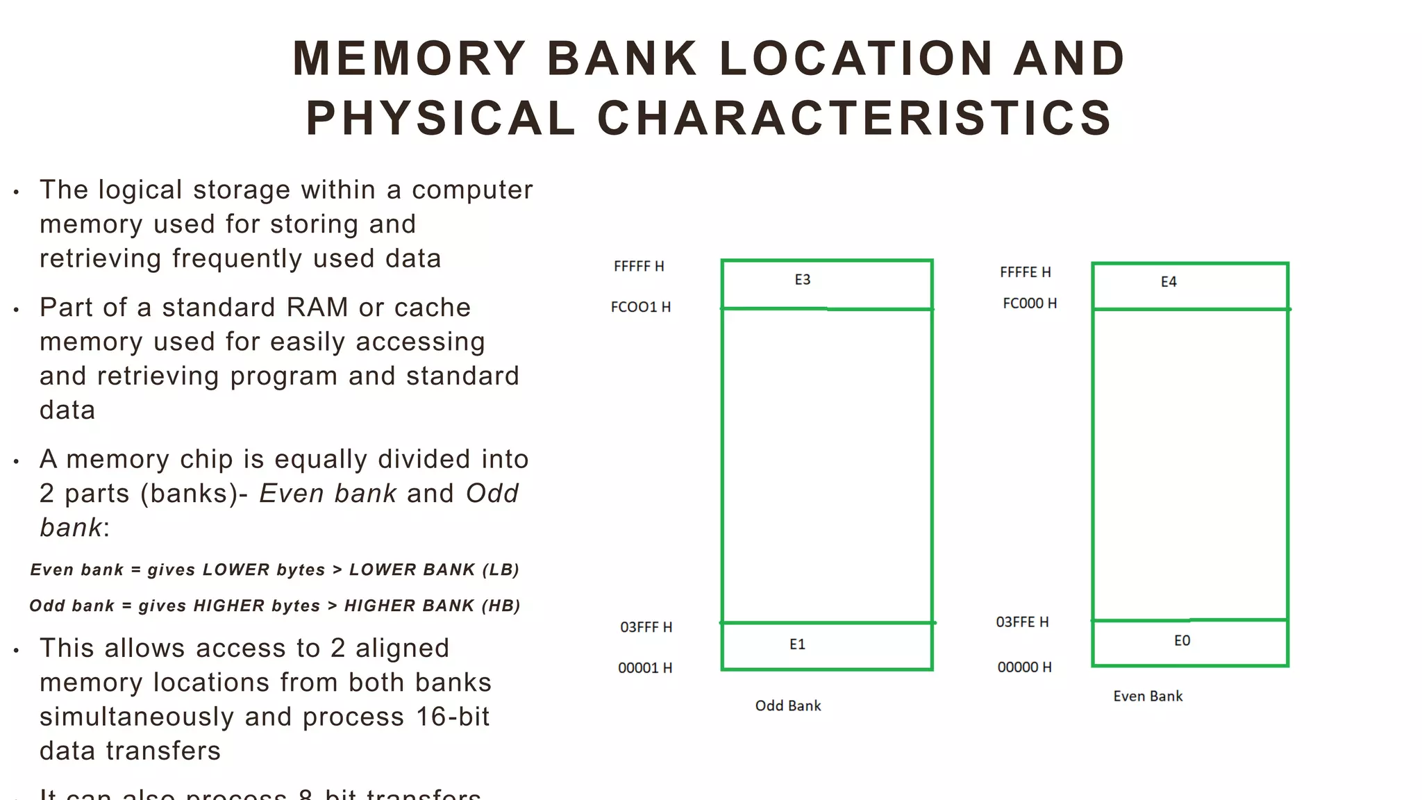 MEMORY BANK LOCATION AND
PHYSICAL CHARACTERISTICS
• The logical storage within a computer
memory used for storing and
retrieving frequently used data
• Part of a standard RAM or cache
memory used for easily accessing
and retrieving program and standard
data
• A memory chip is equally divided into
2 parts (banks)- Even bank and Odd
bank:
Even bank = gives LOWER bytes > LOWER BANK (LB)
Odd bank = gives HIGHER bytes > HIGHER BANK (HB)
• This allows access to 2 aligned
memory locations from both banks
simultaneously and process 16-bit
data transfers
 