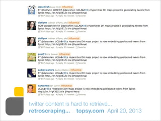 twitter content is hard to retrieve...
retroscraping... topsy.com April 20, 2013
 