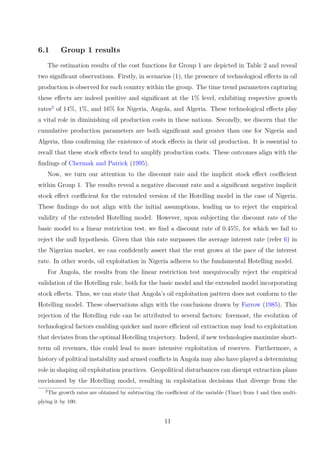6.1 Group 1 results
The estimation results of the cost functions for Group 1 are depicted in Table 2 and reveal
two significant observations. Firstly, in scenarios (1), the presence of technological effects in oil
production is observed for each country within the group. The time trend parameters capturing
these effects are indeed positive and significant at the 1% level, exhibiting respective growth
rates2
of 14%, 1%, and 16% for Nigeria, Angola, and Algeria. These technological effects play
a vital role in diminishing oil production costs in these nations. Secondly, we discern that the
cumulative production parameters are both significant and greater than one for Nigeria and
Algeria, thus confirming the existence of stock effects in their oil production. It is essential to
recall that these stock effects tend to amplify production costs. These outcomes align with the
findings of Chermak and Patrick (1995).
Now, we turn our attention to the discount rate and the implicit stock effect coefficient
within Group 1. The results reveal a negative discount rate and a significant negative implicit
stock effect coefficient for the extended version of the Hotelling model in the case of Nigeria.
These findings do not align with the initial assumptions, leading us to reject the empirical
validity of the extended Hotelling model. However, upon subjecting the discount rate of the
basic model to a linear restriction test, we find a discount rate of 0.45%, for which we fail to
reject the null hypothesis. Given that this rate surpasses the average interest rate (refer 6) in
the Nigerian market, we can confidently assert that the rent grows at the pace of the interest
rate. In other words, oil exploitation in Nigeria adheres to the fundamental Hotelling model.
For Angola, the results from the linear restriction test unequivocally reject the empirical
validation of the Hotelling rule, both for the basic model and the extended model incorporating
stock effects. Thus, we can state that Angola’s oil exploitation pattern does not conform to the
Hotelling model. These observations align with the conclusions drawn by Farrow (1985). This
rejection of the Hotelling rule can be attributed to several factors: foremost, the evolution of
technological factors enabling quicker and more efficient oil extraction may lead to exploitation
that deviates from the optimal Hotelling trajectory. Indeed, if new technologies maximize short-
term oil revenues, this could lead to more intensive exploitation of reserves. Furthermore, a
history of political instability and armed conflicts in Angola may also have played a determining
role in shaping oil exploitation practices. Geopolitical disturbances can disrupt extraction plans
envisioned by the Hotelling model, resulting in exploitation decisions that diverge from the
2
The growth rates are obtained by subtracting the coefficient of the variable (Time) from 1 and then multi-
plying it by 100.
11
 