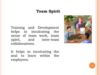 Team Spirit



Training and Development
helps in inculcating the
sense of team work, team
spirit,    and  inter-team
collaborations.

It helps in inculcating the
zeal to learn within the
employees.
                              12
 