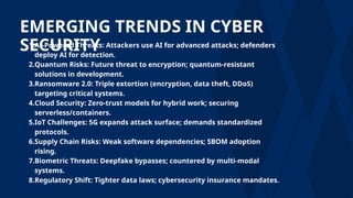 EMERGING TRENDS IN CYBER
SECURITY
1.AI-Powered Threats: Attackers use AI for advanced attacks; defenders
deploy AI for detection.
2.Quantum Risks: Future threat to encryption; quantum-resistant
solutions in development.
3.Ransomware 2.0: Triple extortion (encryption, data theft, DDoS)
targeting critical systems.
4.Cloud Security: Zero-trust models for hybrid work; securing
serverless/containers.
5.IoT Challenges: 5G expands attack surface; demands standardized
protocols.
6.Supply Chain Risks: Weak software dependencies; SBOM adoption
rising.
7.Biometric Threats: Deepfake bypasses; countered by multi-modal
systems.
8.Regulatory Shift: Tighter data laws; cybersecurity insurance mandates.
 