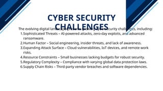 CYBER SECURITY
CHALLENGES
The evolving digital landscape presents growing cybersecurity challenges, including:
1.Sophisticated Threats – AI-powered attacks, zero-day exploits, and advanced
ransomware.
2.Human Factor – Social engineering, insider threats, and lack of awareness.
3.Expanding Attack Surface – Cloud vulnerabilities, IoT devices, and remote work
risks.
4.Resource Constraints – Small businesses lacking budgets for robust security.
5.Regulatory Complexity – Compliance with varying global data protection laws.
6.Supply Chain Risks – Third-party vendor breaches and software dependencies.
 
