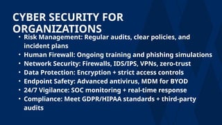 CYBER SECURITY FOR
ORGANIZATIONS
• Risk Management: Regular audits, clear policies, and
incident plans
• Human Firewall: Ongoing training and phishing simulations
• Network Security: Firewalls, IDS/IPS, VPNs, zero-trust
• Data Protection: Encryption + strict access controls
• Endpoint Safety: Advanced antivirus, MDM for BYOD
• 24/7 Vigilance: SOC monitoring + real-time response
• Compliance: Meet GDPR/HIPAA standards + third-party
audits
 