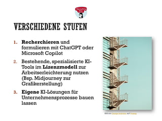 VERSCHIEDENE STUFEN
1. Recherchieren und
formulieren mit ChatGPT oder
Microsoft Copilot
2. Bestehende, spezialisierte KI-
Tools im Lizenzmodell zur
Arbeitserleichterung nutzen
(Bsp. Midjourney zur
Grafikerstellung)
3. Eigene KI-Lösungen für
Unternehmensprozesse bauen
lassen
Bild von George Androsov auf Pixabay
 