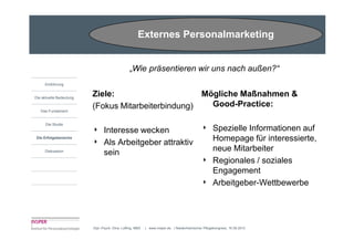 Externes Personalmarketing


                                                „Wie präsentieren wir uns nach außen?“
     Einführung


Die aktuelle Bedeutung
                         Ziele:                     Mögliche Maßnahmen &
                         (Fokus Mitarbeiterbindung)   Good-Practice:
   Das Fundament


      Die Studie
                         4     Interesse wecken                                             4      Spezielle Informationen auf
Die Erfolgsbereiche
                         4     Als Arbeitgeber attraktiv                                           Homepage für interessierte,
     Diskussion
                               sein                                                                neue Mitarbeiter
                                                                                            4      Regionales / soziales
                                                                                                   Engagement
                                                                                            4      Arbeitgeber-Wettbewerbe




                         Dipl.-Psych. Dina Loffing, MBA   | www.insper.de | Niederrheinischer Pflegekongress, 16.09.2010
 