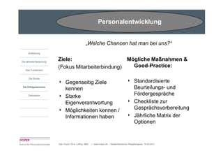 Personalentwicklung


                                                    „Welche Chancen hat man bei uns?“
     Einführung


Die aktuelle Bedeutung
                         Ziele:                     Mögliche Maßnahmen &
                         (Fokus Mitarbeiterbindung)   Good-Practice:
   Das Fundament


      Die Studie
                         4     Gegenseitig Ziele                                            4      Standardisierte
Die Erfolgsbereiche
                               kennen                                                              Beurteilungs- und
     Diskussion
                         4     Starke                                                              Fördergespräche
                               Eigenverantwortung                                           4      Checkliste zur
                         4     Möglichkeiten kennen /                                              Gesprächsvorbereitung
                               Informationen haben                                          4      Jährliche Matrix der
                                                                                                   Optionen



                         Dipl.-Psych. Dina Loffing, MBA   | www.insper.de | Niederrheinischer Pflegekongress, 16.09.2010
 