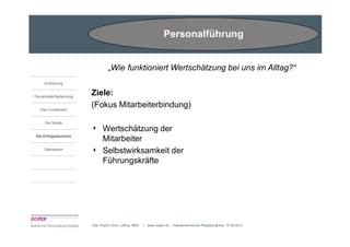 Personalführung


                                   „Wie funktioniert Wertschätzung bei uns im Alltag?“
     Einführung


Die aktuelle Bedeutung
                         Ziele:
   Das Fundament
                         (Fokus Mitarbeiterbindung)

      Die Studie
                         4     Wertschätzung der
Die Erfolgsbereiche
                               Mitarbeiter
     Diskussion
                         4     Selbstwirksamkeit der
                               Führungskräfte




                         Dipl.-Psych. Dina Loffing, MBA   | www.insper.de | Niederrheinischer Pflegekongress, 16.09.2010
 