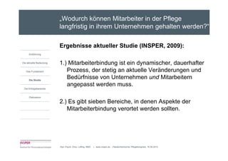 „Wodurch können Mitarbeiter in der Pflege
                         langfristig in ihrem Unternehmen gehalten werden?“

                         Ergebnisse aktueller Studie (INSPER, 2009):
     Einführung


Die aktuelle Bedeutung   1.) Mitarbeiterbindung ist ein dynamischer, dauerhafter
   Das Fundament            Prozess, der stetig an aktuelle Veränderungen und
     Die Studie
                            Bedürfnisse von Unternehmen und Mitarbeitern
                            angepasst werden muss.
 Die Erfolgsbereiche


     Diskussion

                         2.) Es gibt sieben Bereiche, in denen Aspekte der
                            Mitarbeiterbindung verortet werden sollten.




                         Dipl.-Psych. Dina Loffing, MBA   | www.insper.de | Niederrheinischer Pflegekongress, 16.09.2010
 