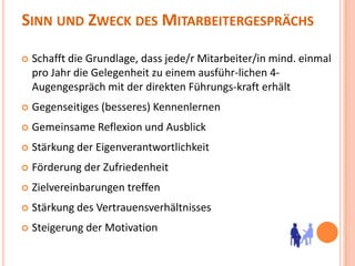 Sinn und Zweck des MitarbeitergesprächsSchafft die Grundlage, dass jede/r Mitarbeiter/in mind. einmal pro Jahr die Gelegenheit zu einem ausführ-lichen 4-Augengespräch mit der direkten Führungs-kraft erhältGegenseitiges (besseres) KennenlernenGemeinsame Reflexion und AusblickStärkung der EigenverantwortlichkeitFörderung der ZufriedenheitZielvereinbarungen treffenStärkung des VertrauensverhältnissesSteigerung der Motivation