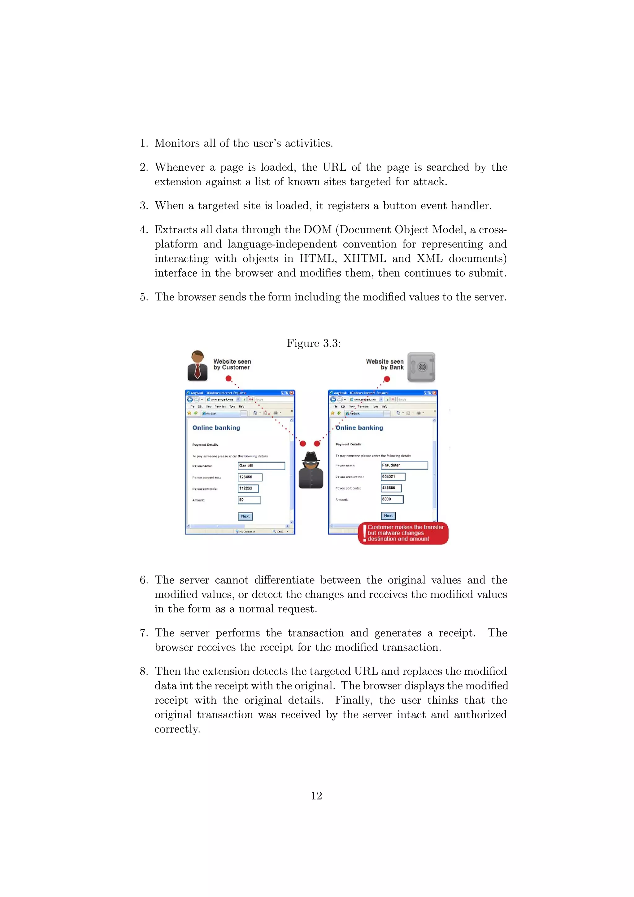 1. Monitors all of the user’s activities.

2. Whenever a page is loaded, the URL of the page is searched by the
   extension against a list of known sites targeted for attack.

3. When a targeted site is loaded, it registers a button event handler.

4. Extracts all data through the DOM (Document Object Model, a cross-
   platform and language-independent convention for representing and
   interacting with objects in HTML, XHTML and XML documents)
   interface in the browser and modiﬁes them, then continues to submit.

5. The browser sends the form including the modiﬁed values to the server.


                               Figure 3.3:




6. The server cannot diﬀerentiate between the original values and the
   modiﬁed values, or detect the changes and receives the modiﬁed values
   in the form as a normal request.

7. The server performs the transaction and generates a receipt. The
   browser receives the receipt for the modiﬁed transaction.

8. Then the extension detects the targeted URL and replaces the modiﬁed
   data int the receipt with the original. The browser displays the modiﬁed
   receipt with the original details. Finally, the user thinks that the
   original transaction was received by the server intact and authorized
   correctly.




                                    12
 